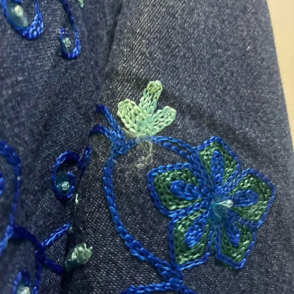 Coldwater Creek Dark Blue Denim Jacket with Blue Floral Embroidery